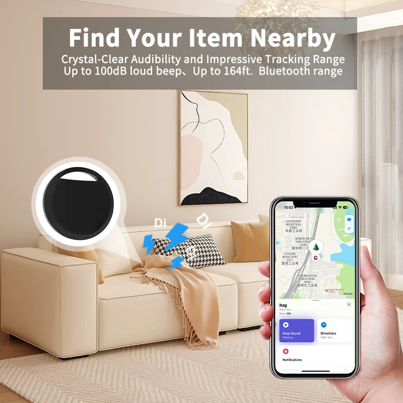 Smart device on a couch with a phone showing a map app in a living room setting.