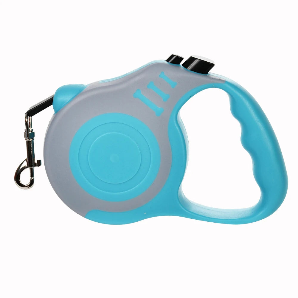 Retractable dog leash with blue handle and gray reel on a white background