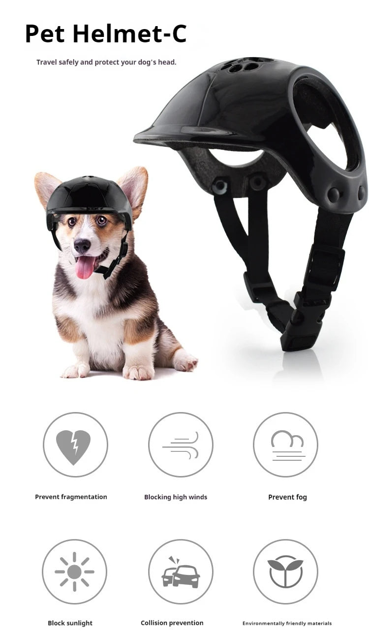 Pet helmet with a dog wearing it on a white background, featuring text and icons about product features.