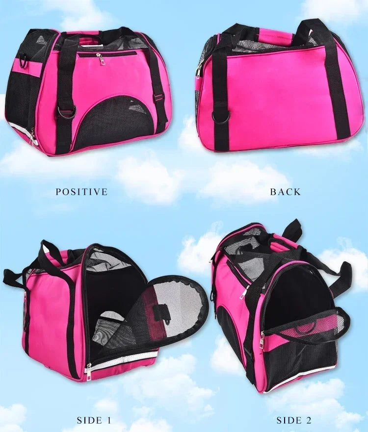 Pink pet carrier with black accents shown from multiple angles on a light blue background.