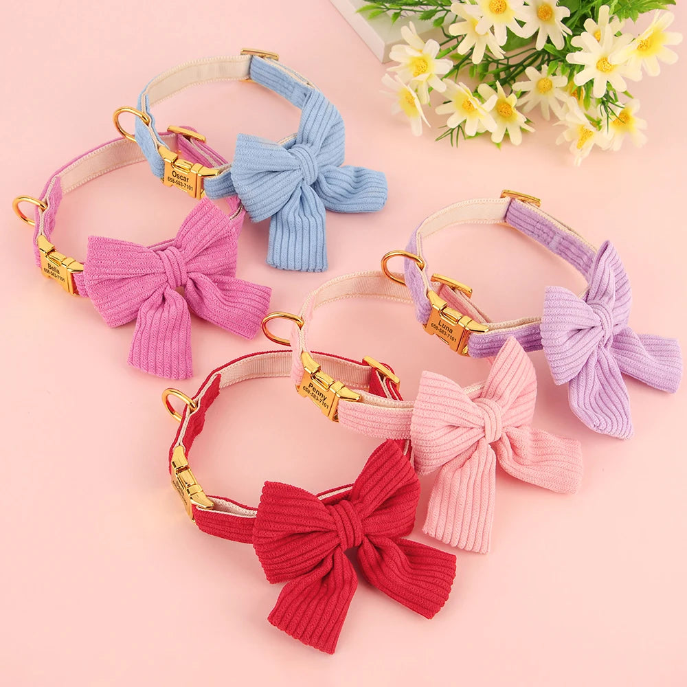 Set of colorful dog collars with decorative bows on a pink background with flowers.