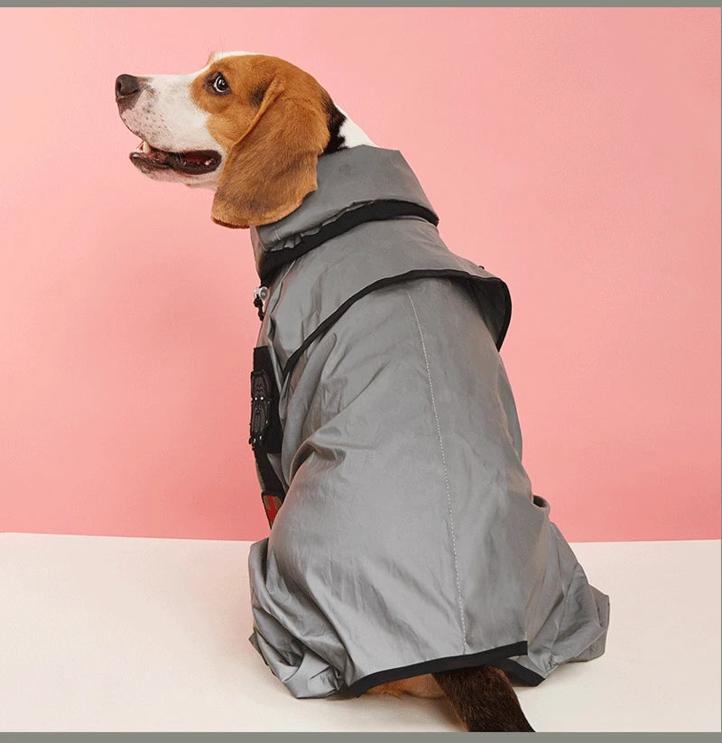 Dog wearing a gray raincoat against a pink background