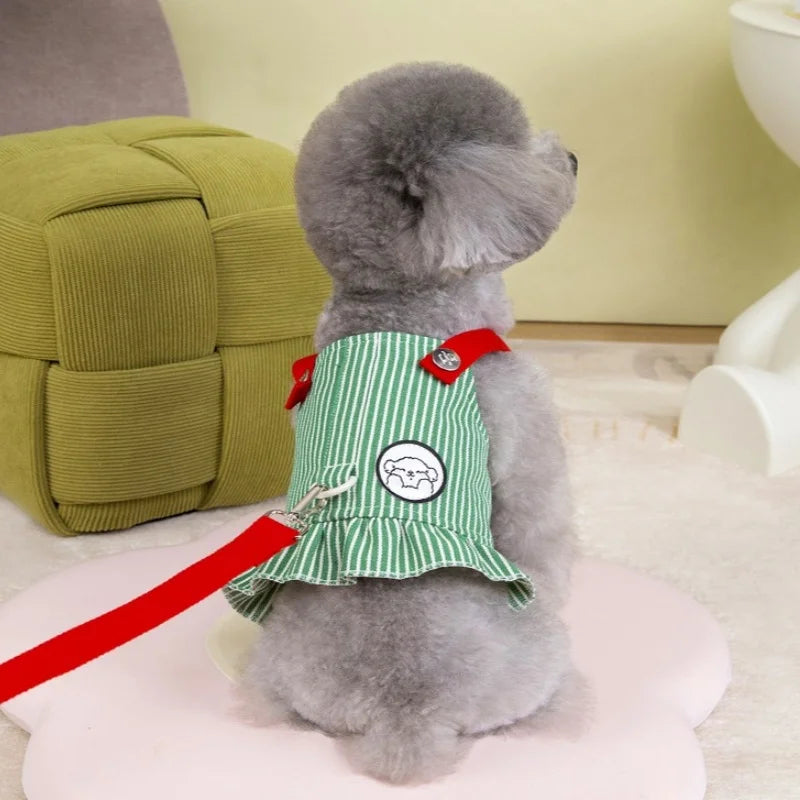 Gray dog wearing a green striped dress with a red ribbon on a light-colored floor.
