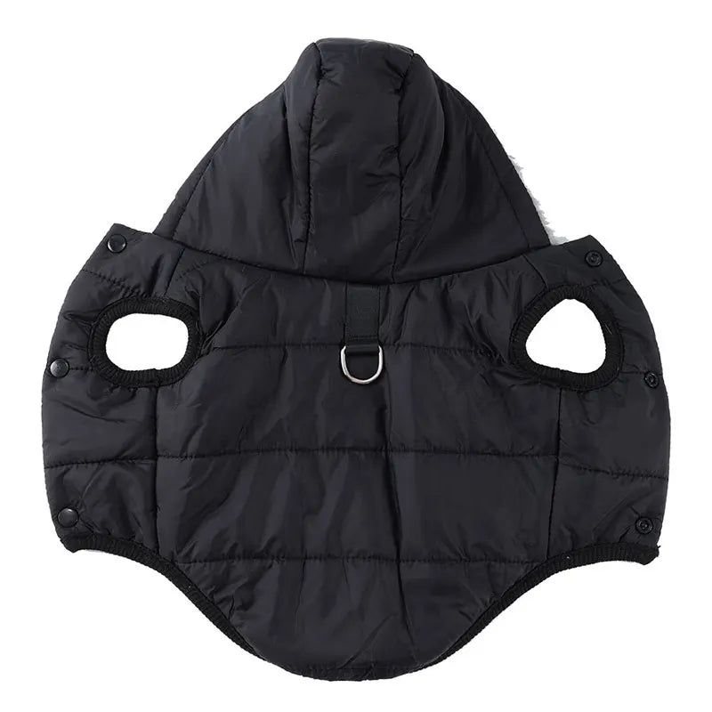 Black puffer dog coat with a hood on a white background