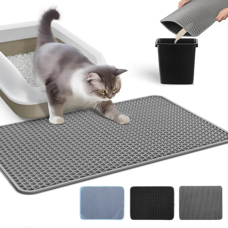 Cat using a gray cat litter mat with additional mats shown in different colors.