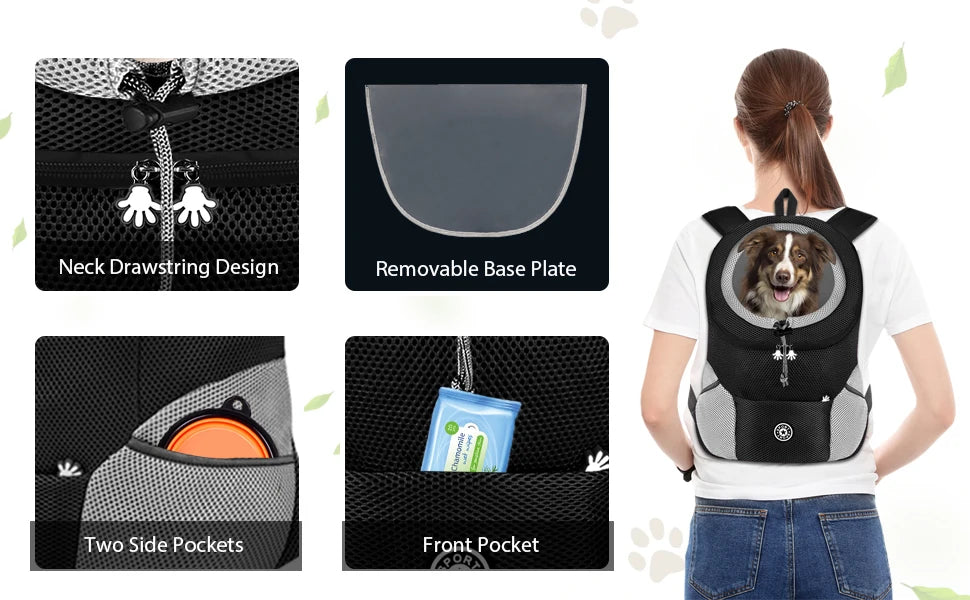 Dog carrier with features highlighted and a person wearing it.