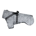 Gray camouflage dog coat with black straps on a white background