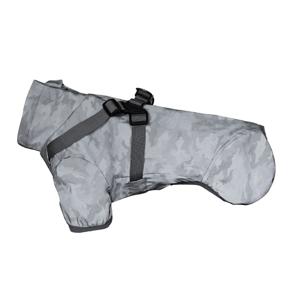 Gray camouflage dog coat with black straps on a white background
