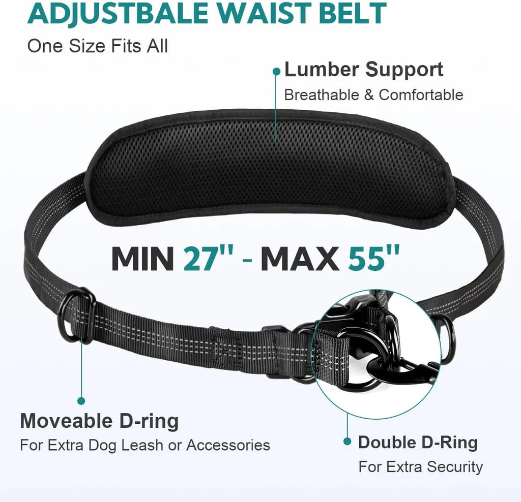 Black adjustable waist belt with features highlighted on a white background