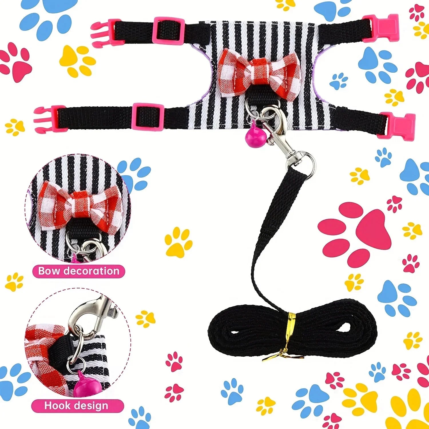 Pet harness, leash, and bow decoration set with colorful paw prints on a white background