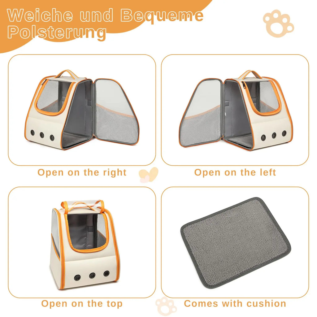Pet carrier with open sides and cushion, featuring text in German.