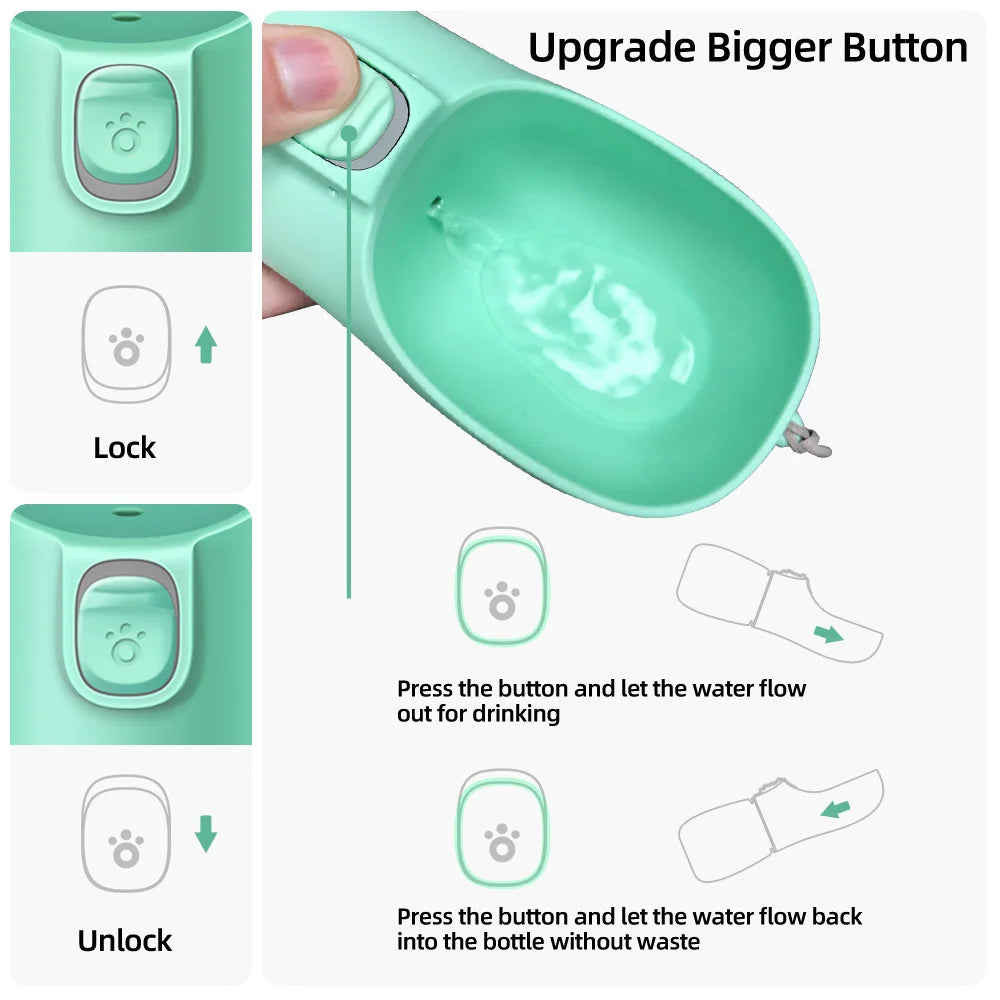 Green pet water bottle with features highlighted on a white background