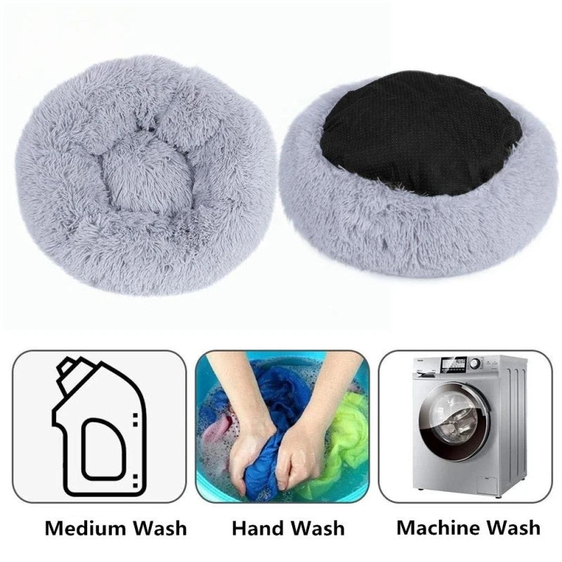 Two fluffy pet beds, one gray and one black, with washing instructions below on a white background.