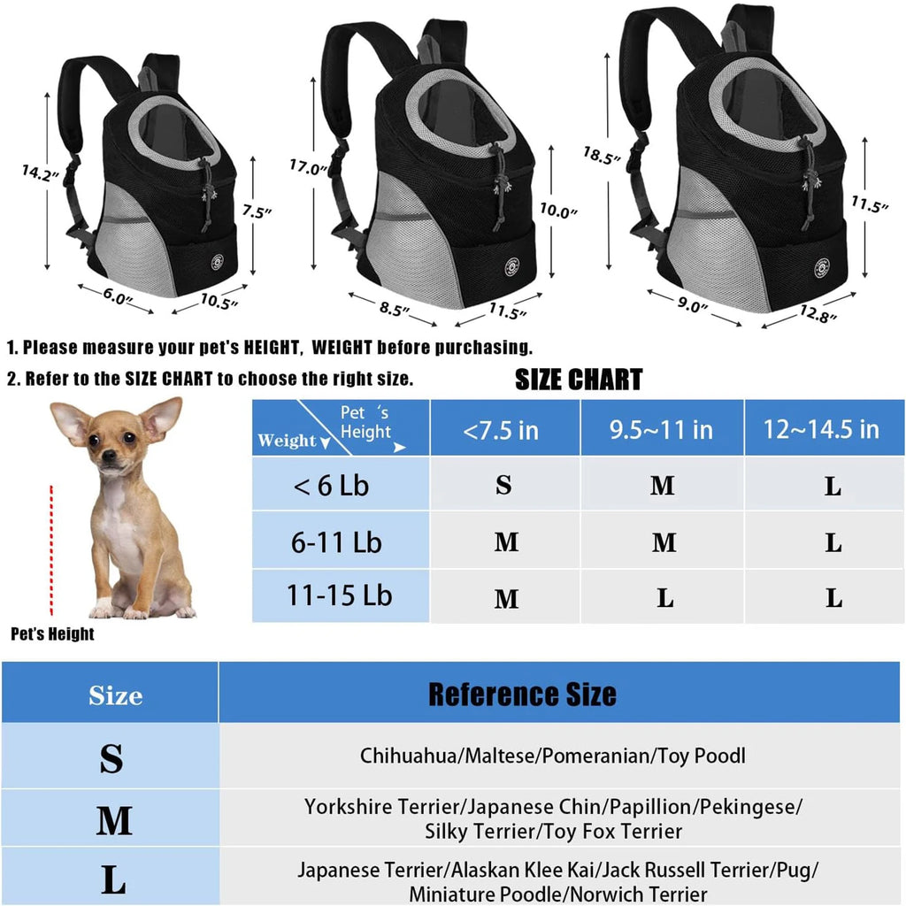 Pet backpack with size chart for measuring pets' height and weight
