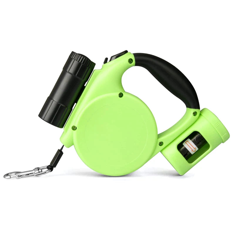 Green retractable dog leash with black handle on a white background