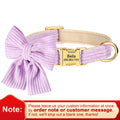 Dog collar with a large purple bow and gold nameplate on a white background