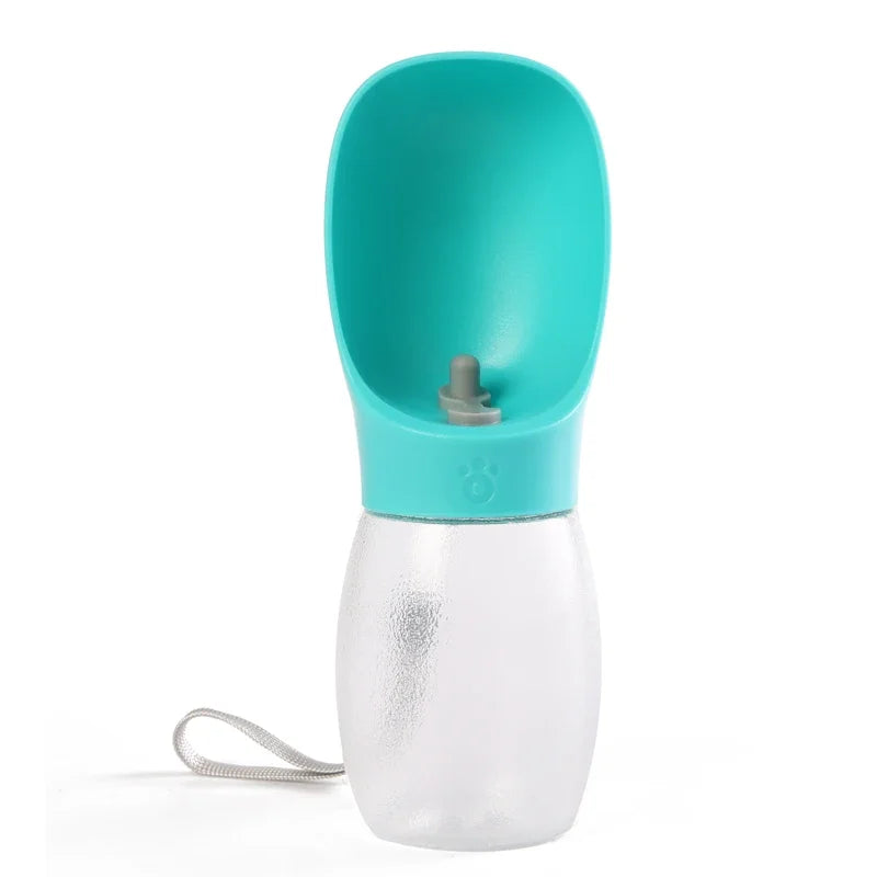 Turquoise and clear pet water bottle with a strap on a white background
