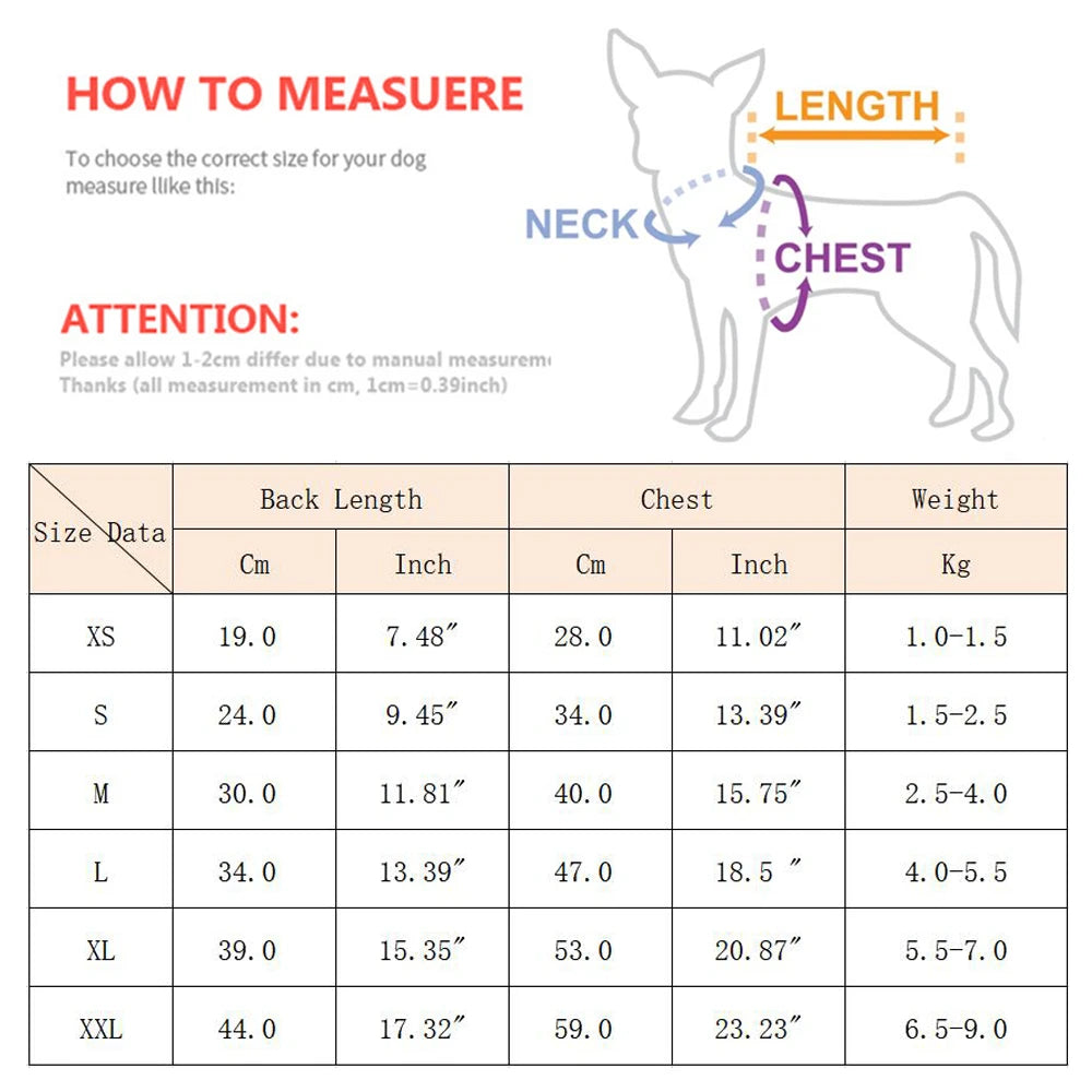 Dog size chart with measurement guide and attention note
