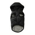 Black puffer dog coat with gray lining on a white background