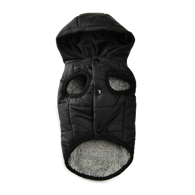 Black puffer dog coat with gray lining on a white background