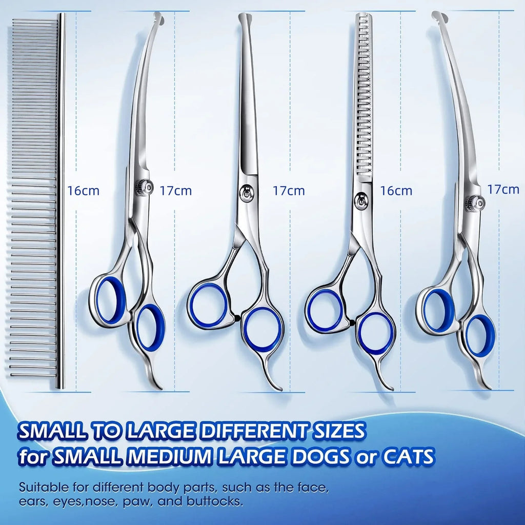 Set of pet grooming scissors with measurements on a blue background