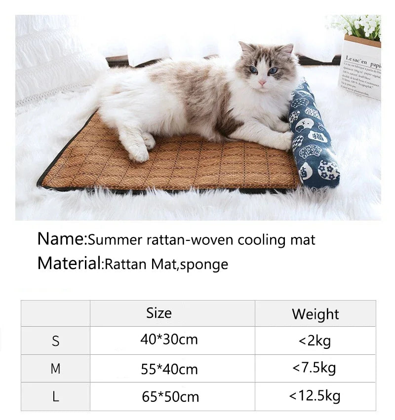 Cat lying on a summer rattan-woven cooling mat with product details below.