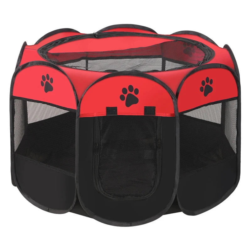 Red and black pet playpen with paw prints on a white background