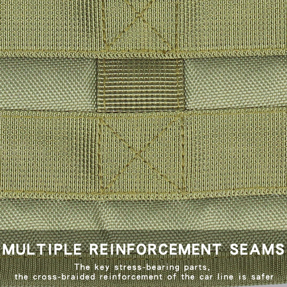 Close-up of green fabric with reinforcement seams and text on a white background
