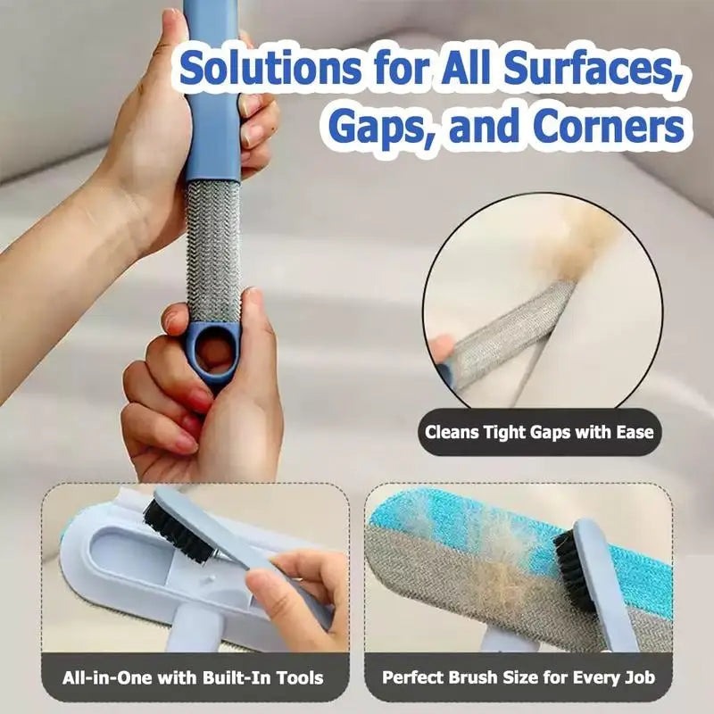 Cleaning brush with text 'Solutions for All Surfaces, Gaps, and Corners' and close-up of cleaning action.