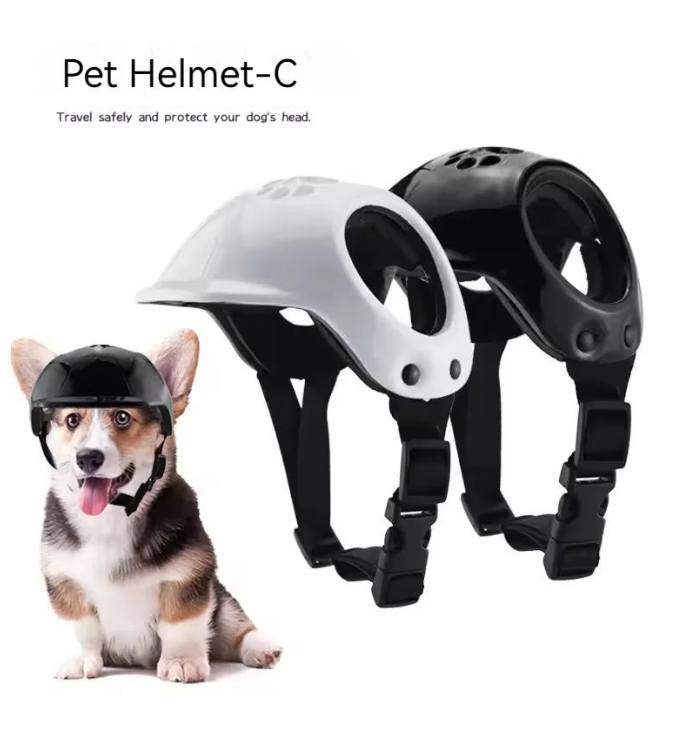 Pet helmet with a dog wearing it on a white background