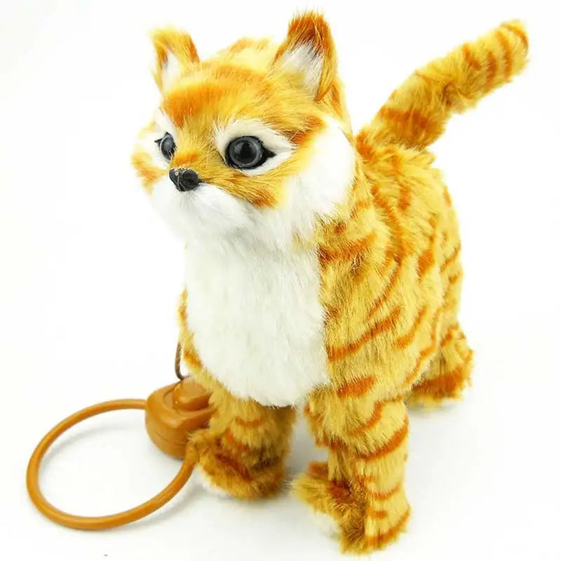 Plush toy cat with a leash on a white background