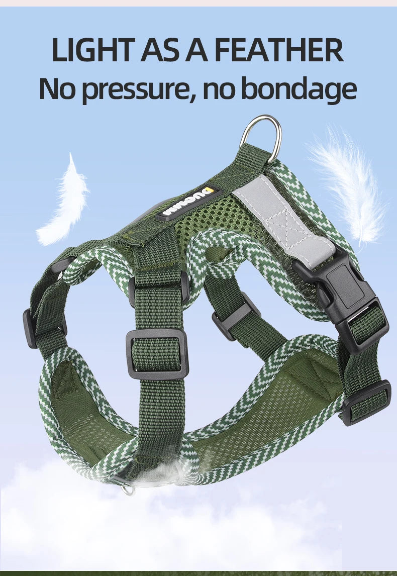 Green dog harness with text 'Light as a feather, No pressure, no bondage' on a light blue background