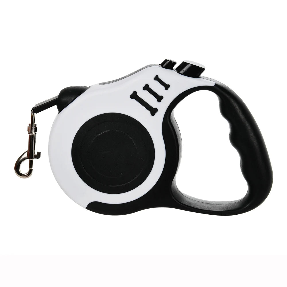 Retractable dog leash with white casing and black handle on a white background