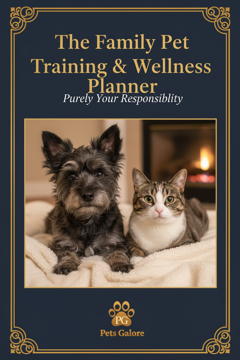 Book cover of 'The Family Pet Training & Wellness Planner' with a dog and cat on a blanket.