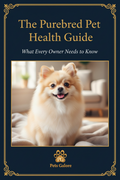 Book cover of 'The Purebred Pet Health Guide' with a Pomeranian on a blue background