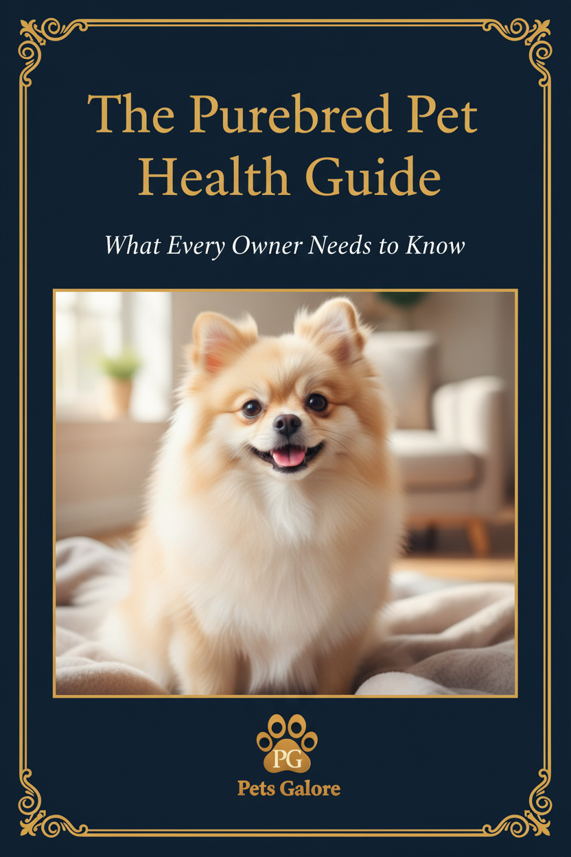 Book cover of 'The Purebred Pet Health Guide' with a Pomeranian on a blue background